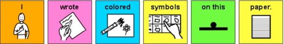 The phrase "I wrote colored symbols on this paper" using color-coded picture communication symbols