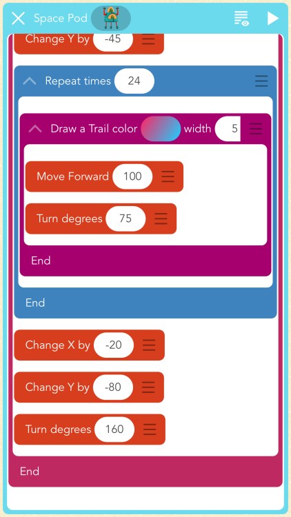 nested coding blocks, the center blocks draw a shape with randomly colored sides