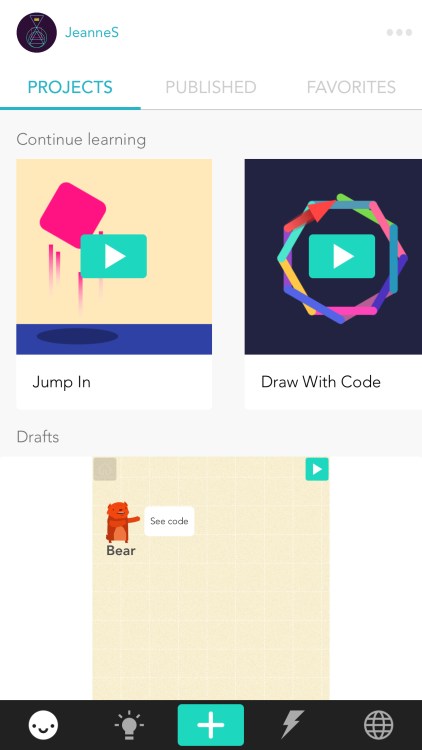 projects tab shows video tutorials and draft projects -- the picture of shape on the "Draw with Code" tutorial's opening screen is much more elaborate than the simple square that the tutorial actually makes