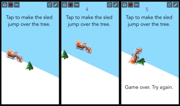 3 photos: #1 is sledder approaching tree, #2 is sledder leaping over tree, #3 is sledder crashing into tree. Game over.