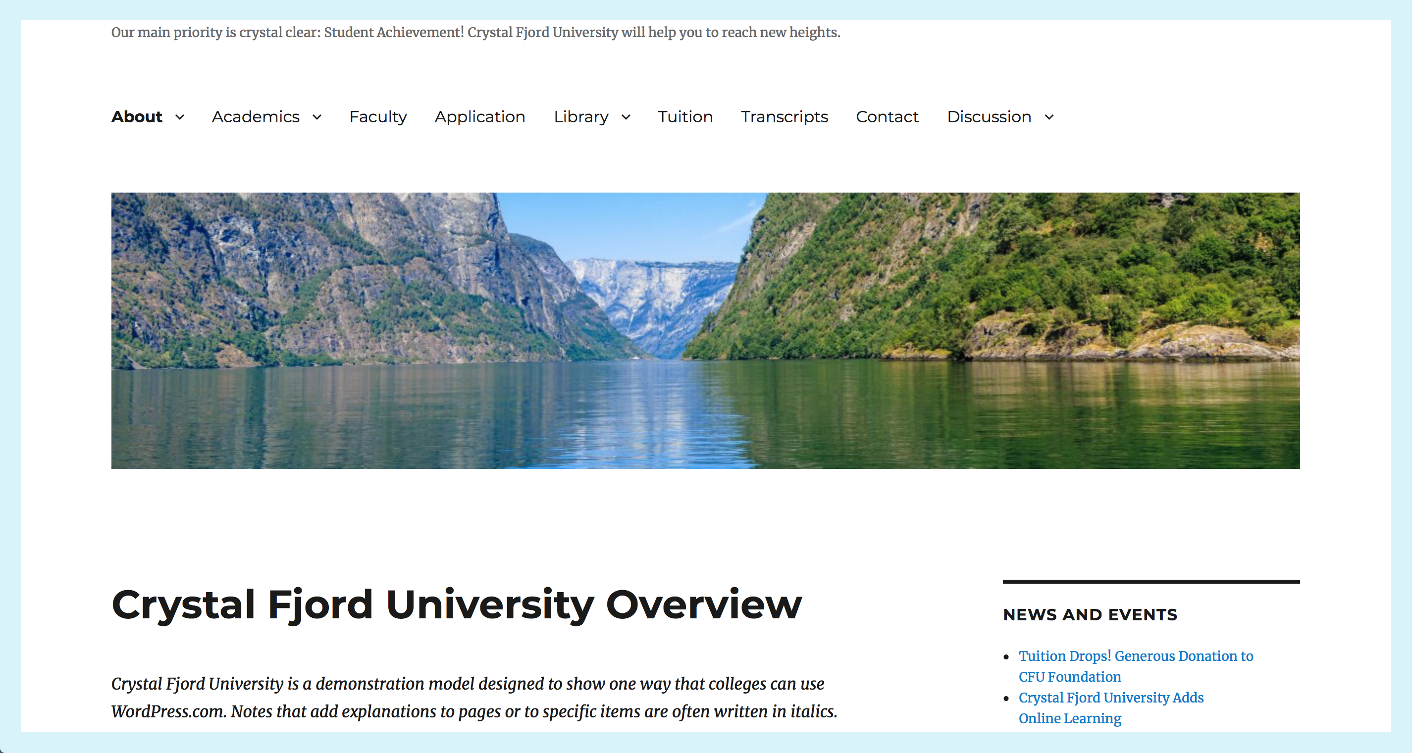 click on this picture to go to the Crystal Fjord University website. The picture shows a portion of the landing page, including a river cutting through mountains fjord style.