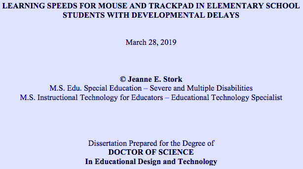 cover page for Jeanne Stork's paper Learning Speeds for Mouse and Trackpad in Elementary School Students with Developmental Delays